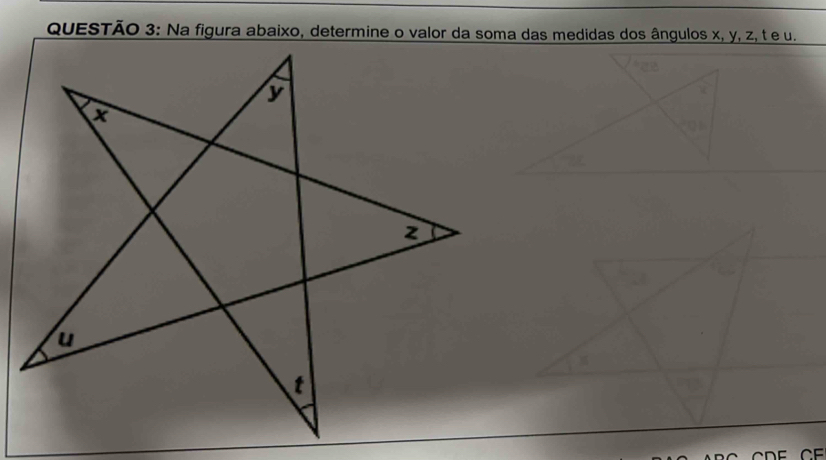 Na figura abaixo, determine o valor da soma das medidas dos ângulos x, y, z, t e u.