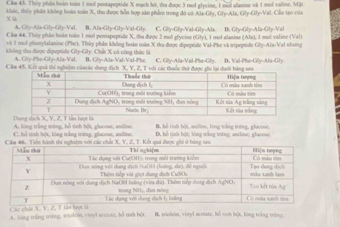 Thủy phân hoàn toàn 1 mol pentapeptide X mạch hở, thu được 3 mol glycine, 1 mol alanine và 1 mol valine. Mật
khác, thủy phân không hoàn toán X, thu được hỗn hợp sản phẩm trong đó có Ala-Gly, Gly-Ala, Gly-Gly-Val. Cầu tạo của
X là
A. Gly-Ala-Gly-Gly-Val B. Ala-Gly-Gly-Val-Gly. C. Gly-Gly-Val-Gly-Ala. D. Gly-Gly-Ala-Gly-Val
Câu 44. Thủy phân hoàn toàn 1 mol pentapeptide X, tha được 2 mol glycine (Gly), 1 mol alanine (Ala), 1 mol valine (Val)
và 1 mol phenylalanine (Phe). Thủy phân không hoàn toàn X thu được dipeptide Val-Phe và tripeptide Gly-Ala-Val nhưng
không thu được dipeptide C ly-Gly v. Chất X có công thức là
A. Gly-Phe-Gly-Ala-Val. B. Gly-Ala-Val-Val-Phe. C. Gly-Ala-Val-Phe-Gly. D. Val-Phe-Gly-Ala-Gly.
Cầu 45. Kết quả thí nghiệm củacác dung dịch X, Y, Z, T với các thuốc thứ được ghi lại dưới sau
A. lòng trắng trứng, hồ tinh bột, glucose, aniline. B. hồ tỉnh bột, aniline, lòng trắng trứng, glucose
C. hồ tinh bột, lồng trắng trừng, glucose, aniline. D. hồ tinh bột; lòng trắng trững; amiline; glucose.
Câu 46. Tiến hành thí nghiệm với các chất X, Y, Z, T. Kết quả được ghi ở bảng sau
Các chất X, Y, Z, T lần  là
A. lòng trắng trứng, triolein, vinyl acctate, hỗ tính bột. B, triolein, vinyl acetate, hồ tinh bột, lòng trắng trùng
