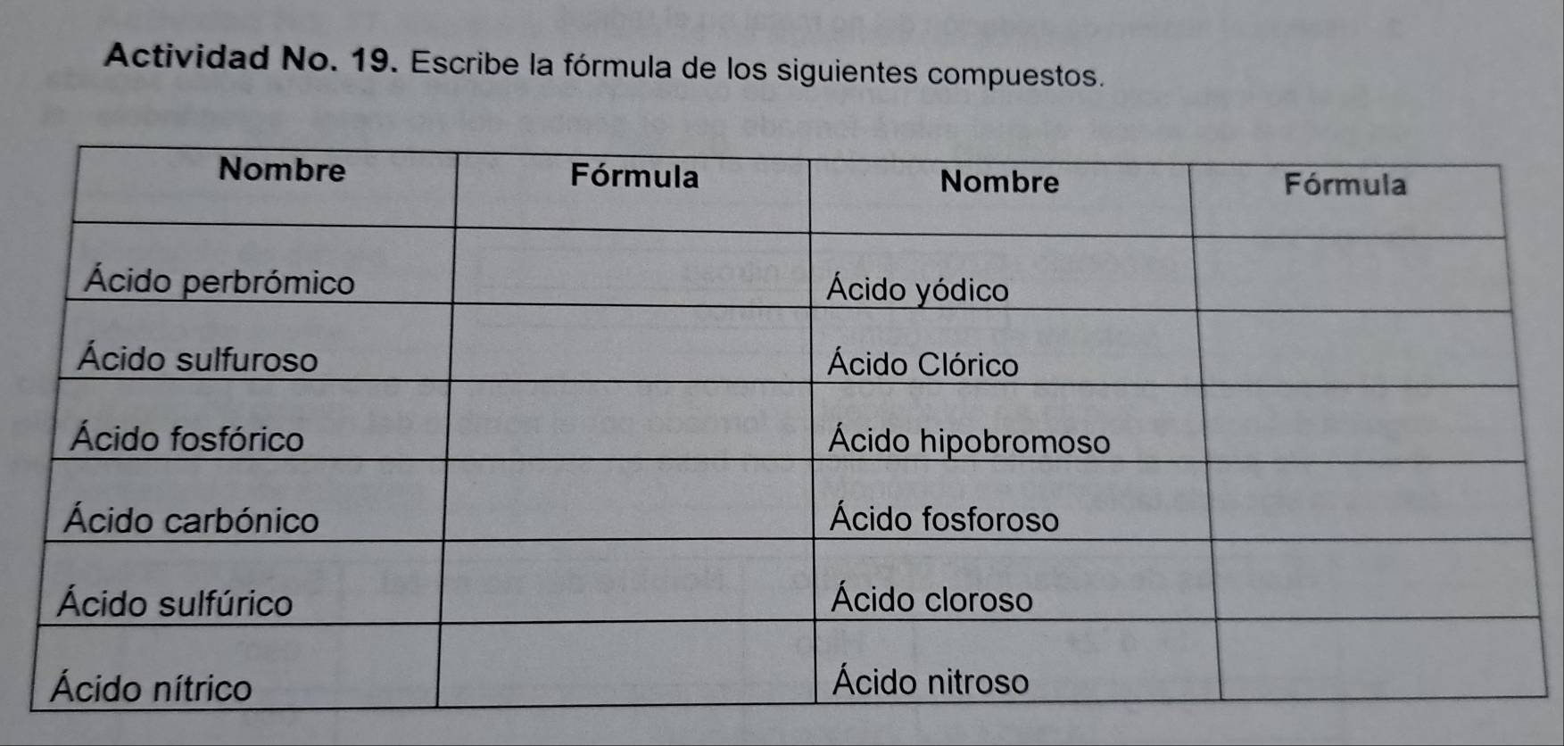 Actividad No. 19. Escribe la fórmula de los siguientes compuestos.