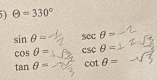 ) Theta =330°
sin θ =
sec θ =
cos θ =
csc θ =
tan θ =
cot θ =