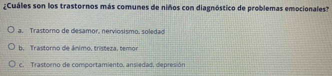 ¿Cuáles son los trastornos más comunes de niños con diagnóstico de problemas emocionales?
a. Trastorno de desamor, nerviosismo, soledad
b. Trastorno de ánimo, tristeza, temor
c. Trastorno de comportamiento, ansiedad, depresión