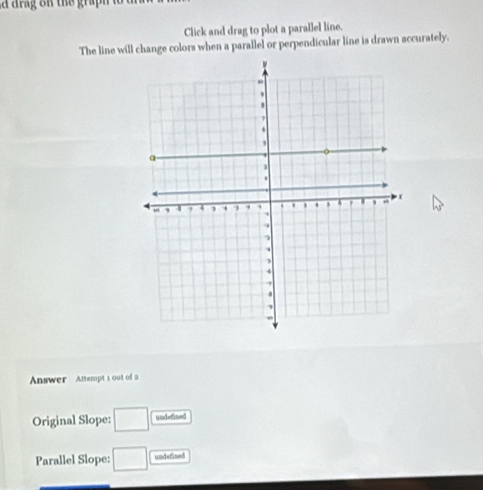 a drag on the grap h t 
Click and drag to plot a parallel line.
The line will change colors when a parallel or perpendicular line is drawn sccurately.
Answer Attempt 1 out of 2
Original Slope: □ undefined
Parallel Slope: □ undefined