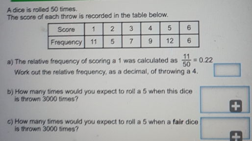 A dice is rolled 50 times.
The score of each throw is recorded in the table below.
a) The relative frequency of scoring a 1 was calculated as  11/50 =0.22
Work out the relative frequency, as a decimal, of throwing a 4.
b) How many times would you expect to roll a 5 when this dice
is thrown 3000 times?
c) How many times would you expect to roll a 5 when a fair dice
is thrown 3000 times?