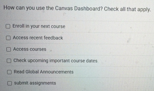 Solved: How can you use the Canvas Dashboard? Check all that apply ...