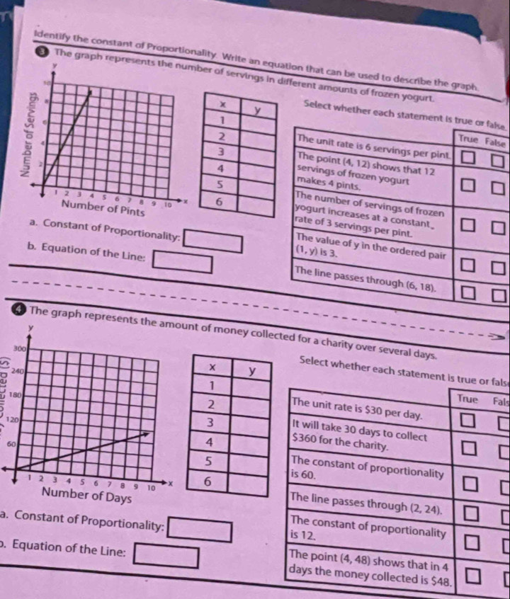 ldentify the constant of Proportionality. Write an equation that can be used to describe the graph
3 The graph repber of servings in different amounts of frozen yogurt.
Select whether each statemse.
se
 
a. Constant of Proportionality: 7x_(□)°
b. Equation of the Line: 
The graph represent of money collected for a charity over several days.
Select whether each statement is ls
a 
D 1
als
1
6
 
a. Constant of Proportionality: 
. Equation of the Line:
