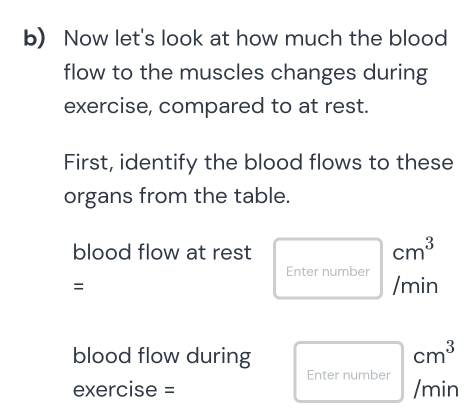 Now let's look at how much the blood 
flow to the muscles changes during 
exercise, compared to at rest. 
First, identify the blood flows to these 
organs from the table. 
blood flow at rest
cm^3
Enter number
= /min
blood flow during
cm^3
Enter number 
exercise = /min