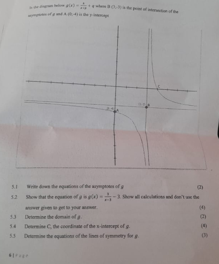 In the diagram below g(x)= k/x+p +q where B(3,-3) is the point of intersection of the
asymptotes of g and A(0;-4) is the y-intercept
5.1 Write down the equations of the asymptotes of g (2)
5.2 Show that the equation of g is g(x)= 3/x-3 -3. Show all calculations and don’t use the
answer given to get to your answer. (4)
5.3 Determine the domain of g. (2)
5.4 Determine C, the coordinate of the x-intercept of g. (4)
5.5 Determine the equations of the lines of symmetry for g. (3)
6|Pogr