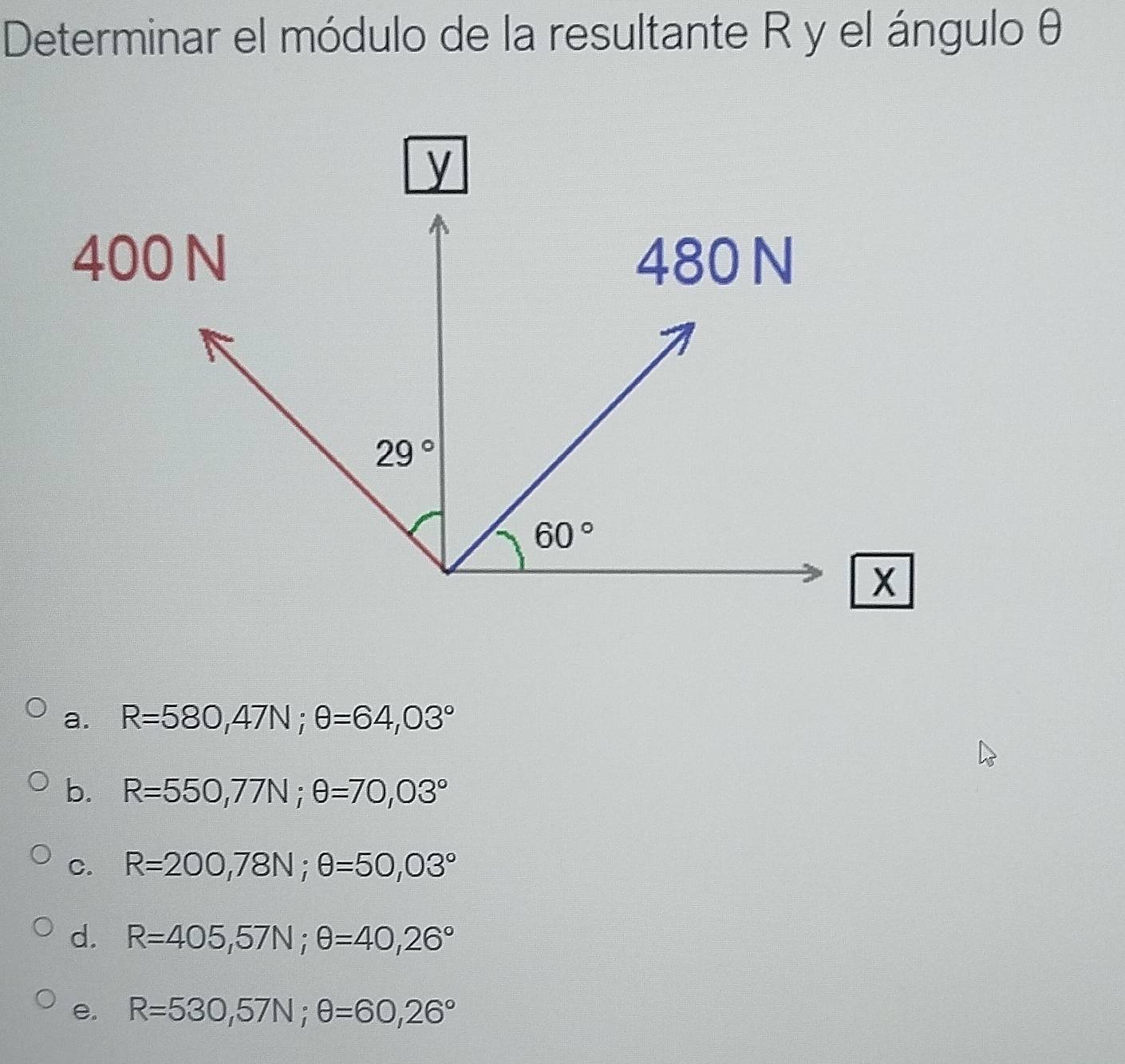 Determinar el módulo de la resultante R y el ángulo θ
a. R=580,47N;θ =64,03°
b. R=550,77N;θ =70,03°
C. R=200,78N;θ =50,03°
d. R=405,57N;θ =40,26°
e. R=530,57N;θ =60,26°