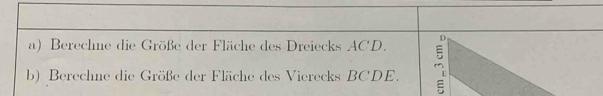 Berechne die Größe der Fläche des Dreiecks ACD. 
b) Berechne die Größe der Fläche des Vierecks BCDE.