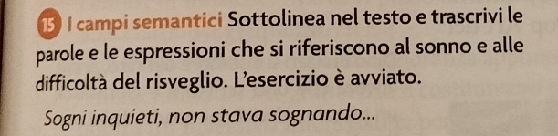 campi semantici Sottolinea nel testo e trascrivi le 
parole e le espressioni che si riferiscono al sonno e alle 
difficoltà del risveglio. L'esercizio è avviato. 
Sogni inquieti, non stava sognando...