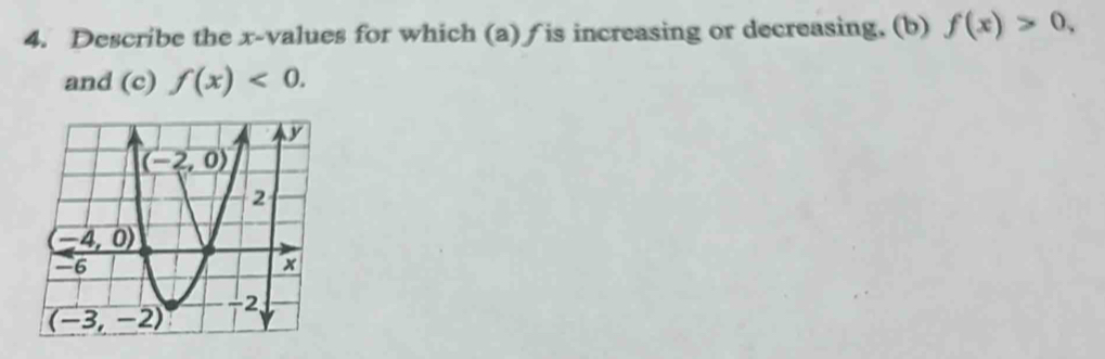 Describe the x-values for which (a) ƒ is increasing or decreasing, (b) f(x)>0,
and (c) f(x)<0.