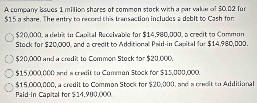 A company issues 1 million shares of common stock with a par value of $0.02 for
$15 a share. The entry to record this transaction includes a debit to Cash for:
$20,000, a debit to Capital Receivable for $14,980,000, a credit to Common
Stock for $20,000, and a credit to Additional Paid-in Capital for $14,980,000.
$20,000 and a credit to Common Stock for $20,000.
$15,000,000 and a credit to Common Stock for $15,000,000.
$15,000,000, a credit to Common Stock for $20,000, and a credit to Additional
Paid-in Capital for $14,980,000.