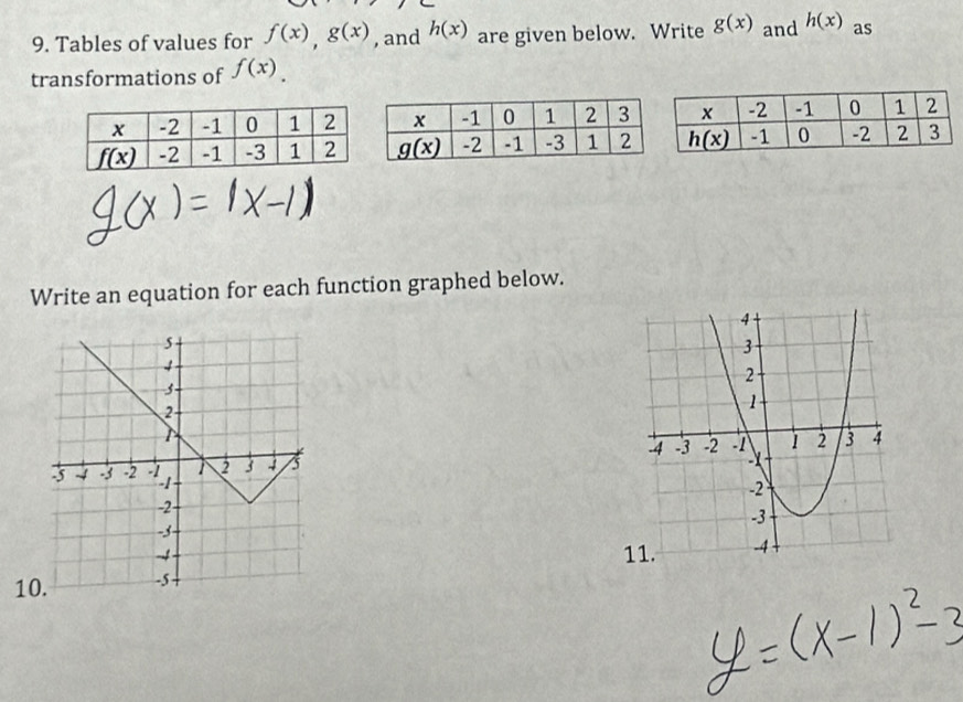 Tables of values for f(x),g(x) , and h(x) are given below. Write g(x) and h(x) as
transformations of f(x).
Write an equation for each function graphed below.
 
1