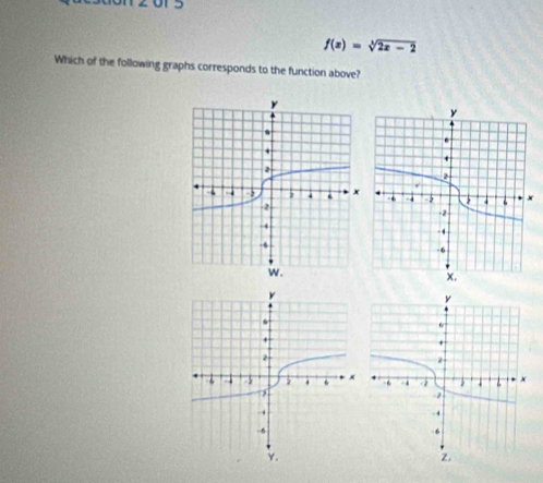 f(x)=sqrt[3](2x-2)
Which of the following graphs corresponds to the function above?