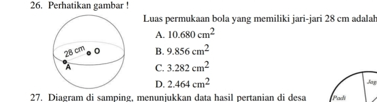 Perhatikan gambar !
Luas permukaan bola yang memiliki jari-jari 28 cm adalah
A. 10.680cm^2
B. 9.856cm^2
C. 3.282cm^2
D. 2.464cm^2
Jag
27. Diagram di samping, menunjukkan data hasil pertanian di desa Padi