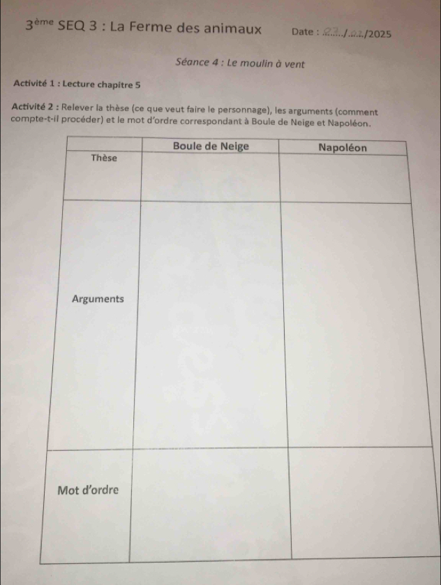 3^(eme) SEQ 3 : La Ferme des animaux Date : _/2025 
Séance 4 : Le moulin à vent 
Activité 1 : Lecture chapitre 5 
Activité 2 : Relever la thèse (ce que veut faire le personnage), les arguments (comment 
compte-t-il proc