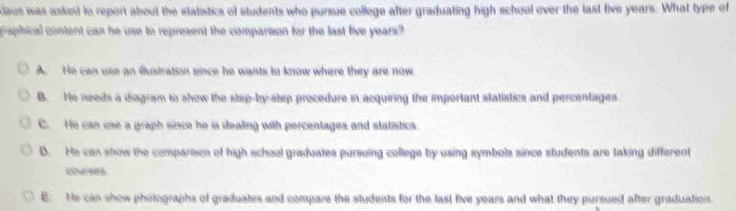 claus was asked to report about the statistics of students who pursue college after graduating high school over the last five years. What type of
graphical content can he use to represent the comparsion for the last five years?
A. He can use an Bustration since he wants to know where they are now.
B. He needs a diagram to show the step-by-step procedure in acquiring the important statistics and percentages
C. He can use a graph since he is dealing with percentages and statistics.
D. He can show the comparison of high school graduates pursuing college by using symbols since students are taking different
courses
E. He can show photographs of graduates and compare the students for the last five years and what they pursued after graduation.