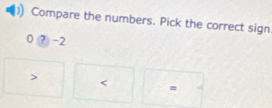 Compare the numbers. Pick the correct sign.
? -2
=