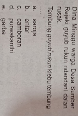 Dina Minggu warga Desa Sumber
Rejeki guyub rukun ndandani dalan
rusak.
Tembung guyub rukun klebu tembung
…
a. saroja
b. entar
c. camboran
d. purwakanthi
e. garba