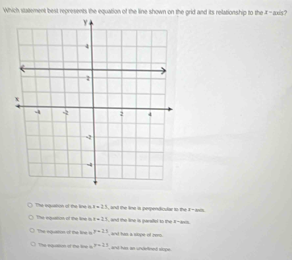 Which statement best represents the equation of the line shown on the grid and its relationship to the x-axis?
The equation of the line is x=25 and the line is perpendicular to the X-axis.
The equation of the line is x=2.5 , and the line is parallel to the X-axis.
The equaton of the line is y-2.5 , and has a slope of zero.
The equaton of the line is y=25 , and has an undelined slope.