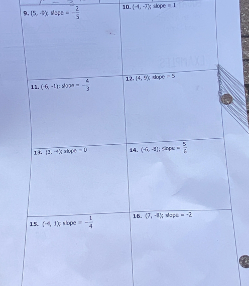 (5,-9); slope =- 2/5  10. (-4,-7); slope =1