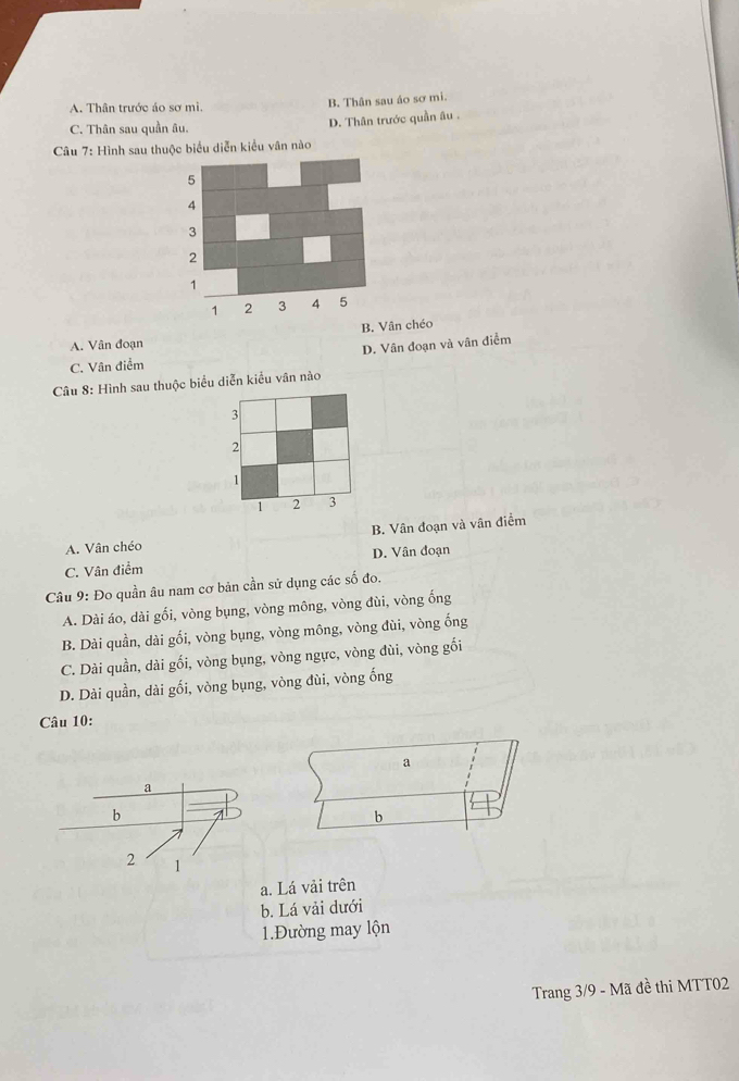A. Thân trước áo sơ mi. B. Thân sau áo sơ mi.
C. Thân sau quần âu. D. Thân trước quần âu .
Câu 7: Hình sau thuộc biểu diễn kiểu vân nào
A. Vân đoạn B. Vân chéo
C. Vân điểm D. Vân đoạn và vân điểm
Câu 8: Hình sau thuộc biểu diễn kiểu vân nào
B. Vân đoạn và vân điểm
A. Vân chéo
C. Vân điểm D. Vân đoạn
Câu 9: Đo quần âu nam cơ bản cần sử dụng các số đo.
A. Dài áo, dài gối, vòng bụng, vòng mông, vòng đùi, vòng ống
B. Dài quần, dài gối, vòng bụng, vòng mông, vòng đùi, vòng ống
C. Dài quần, dài gối, vòng bụng, vòng ngực, vòng đùi, vòng gối
D. Dài quần, dài gối, vòng bụng, vòng đùi, vòng ống
Câu 10:
a
b
a. Lá vải trên
b. Lá vải dưới
1.Đường may lộn
Trang 3/9 - Mã đề thi MTT02