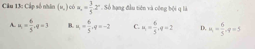 Cấp số nhân (u_n) có u_n= 3/5 . 2^n. Số hạng đầu tiên và công bội q là
A. u_1= 6/5 , q=3 B. u_1= 6/5 , q=-2 C. u_1= 6/5 , q=2 D. u_1= 6/5 , q=5