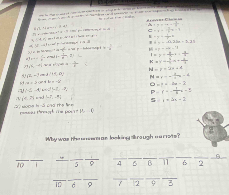 Write the correct linear e quation in slope-intercept form with te ho             
Then, match each questicr number and answer to their corresponding bolded Trtte
to solve the riddle.
Anwer Choices
1) (1,5) and (-3,4)
2) x-intercept is -2 and y- intercept is 4 A=y=-x+ 2/3 
3) (14,2) and a point at the origin C=y= 2/5 x-1
4) (5,-4) and y-intercept is-3 E=y= 1/7 x
Ehat equiv y=-0.25x+3.25
5) x-intercept is  2/5  and y- intercept is  2/5 
I=y= 8/5 x+ 4/9 
6) m= 8/5  and (- 1/6 ,0 H=y=-x-11
7) (0,-4) and slope is - 2/5 
K=y= 5/11 x+ 2/11 
N=y=2x+4
8) (0,-1) and (1.5,0)
N=y=- 2/5 x-4
9) m=3 and b=-2
O=y=-3x-2
1Q) (-5,-8) and (-2,-9)
11) (4,2) and (-7,-5) P=Y=- 1/5 x-3
S=y=3x-2
12) s/ope is -3 and the line
passes through the point (5,-11)
Why was the snowman looking through carrots?
_ overline IOoverline I  w/5  1/9  __ _ overline 4overline 6overline 8overline 11overline 6overline 2 ____
10_ _6 _9 _ overline 7overline 12overline 9overline 3 __