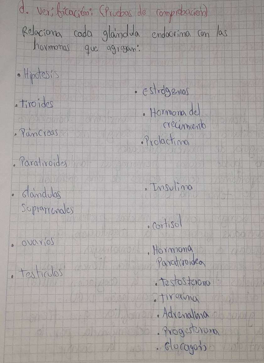 ver bicacion: (Prcebas de comprotacien)
Relaciona cada glaindua endocrima can las
hormomas gue agregan:
Hpotesis
estrogenos
tiroides
Hormona del
crecimenb
Pancreas
Prolactimng
. Parativoides
clandoas.Insulima
Sopraronales
corfisol
ovarios
. Hormona
Paratiroidea
testicllos. tostosteromo
firoxing
. Advenalina
Progestrong
socagon