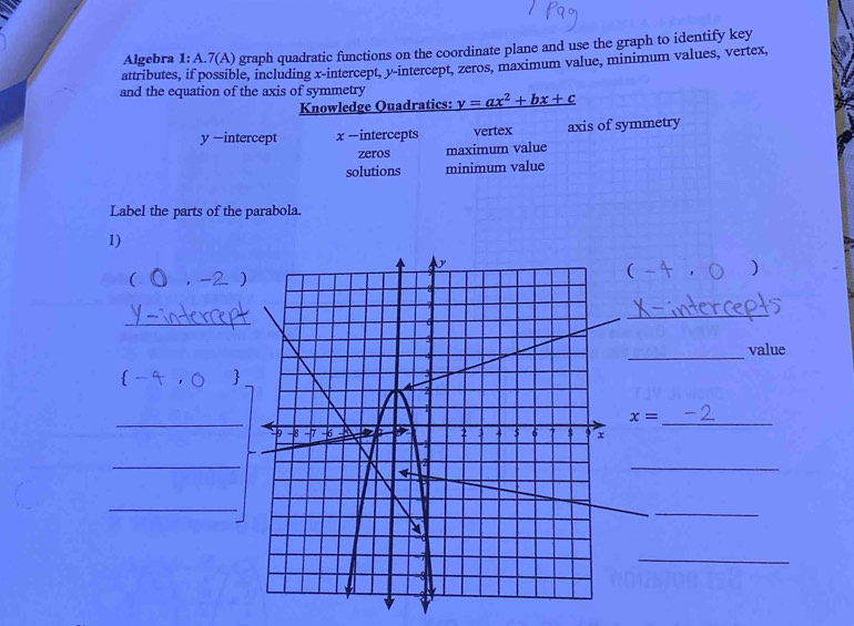 Algebra 1: A.7 A graph quadratic functions on the coordinate plane and use the graph to identify key 
attributes, if possible, including x-intercept, y-intercept, zeros, maximum value, minimum values, vertex, 
and the equation of the axis of symmetry y=ax^2+bx+c
Knowledge Quadratics:
y —intercept x -intercepts vertex axis of symmetry 
zeros maximum value 
solutions minimum value 
Label the parts of the parabola. 
1) 
) 
  
_ 
_ 
_value 
 -4  
_
x= _ 
_ 
_ 
_ 
_ 
_