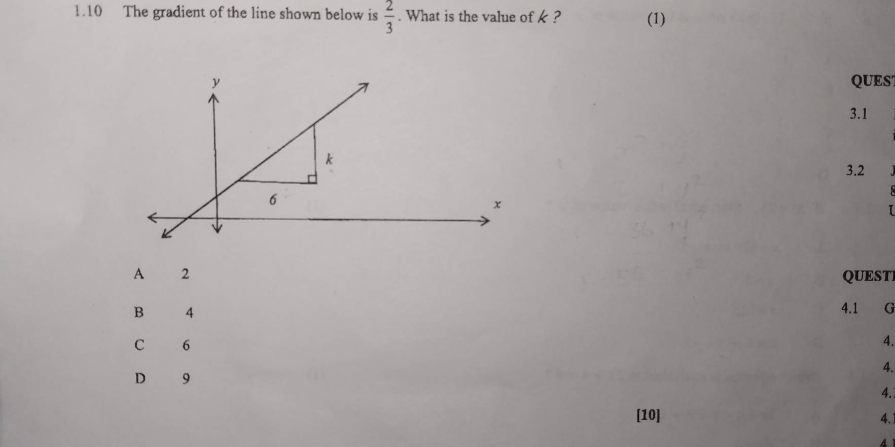 1.10 The gradient of the line shown below is  2/3 . What is the value of k ?
(1)
QUES
3.1
3.2
I
A 2 QUESTI
B 4
4.1 G
C 6
4.
4.
D 9
4.
[10] 4.