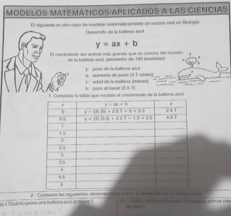 MODELOS MATEMÁTICOS APLICADOS A LAS CIENCIAS
El siguiente es otro caso de modelar matemáticamente un suceso real en Biología.
Desarrollo de la ballena azul.
y=ax+b
El crecimiento del animal más grande que se conoce del mundo:
es la ballena azul, (airededor de 100 toneladas)
y: peso de la ballena azul
a: aumento de peso (3 T c/mes)
x: edad de la ballena (meses)
b: peso al nacer (2.5 T)
1. Completa la tabla que modela el crecimiento de la ballena azul.
2. Contesta las siguientes observaciones subre el desarrollo de la baliena azul.
a) ¿ Cuánto pesa una ballena azul al nacer ?  b) é Cuanto aumenta de peso durante su primer mer
do vida ?