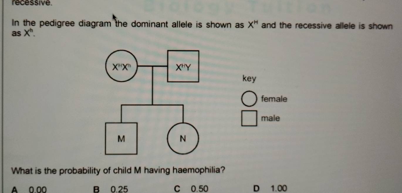 recessive.
In the pedigree diagram the dominant allele is shown as X^H and the recessive allele is shown 
as X^h.
key
female
male
What is the probability of child M having haemophilia?
A 0.00 B 0.25 C 0.50 D 1.00