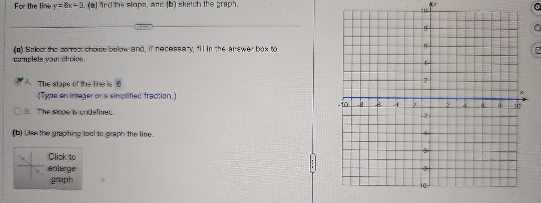 For the line y=6x+3 , (a) find the slope, and (b) sketch the graph. y
④
e
(a) Select the correct choice below and, if necessary, fill in the answer box to
complete your choice.
A. The slope of the line is 6.
(Type an integer or a simplified fraction.)
B. The slope is undefined.
(b) Use the graphing tool to graph the line. 
Click to
enlarge 
graph