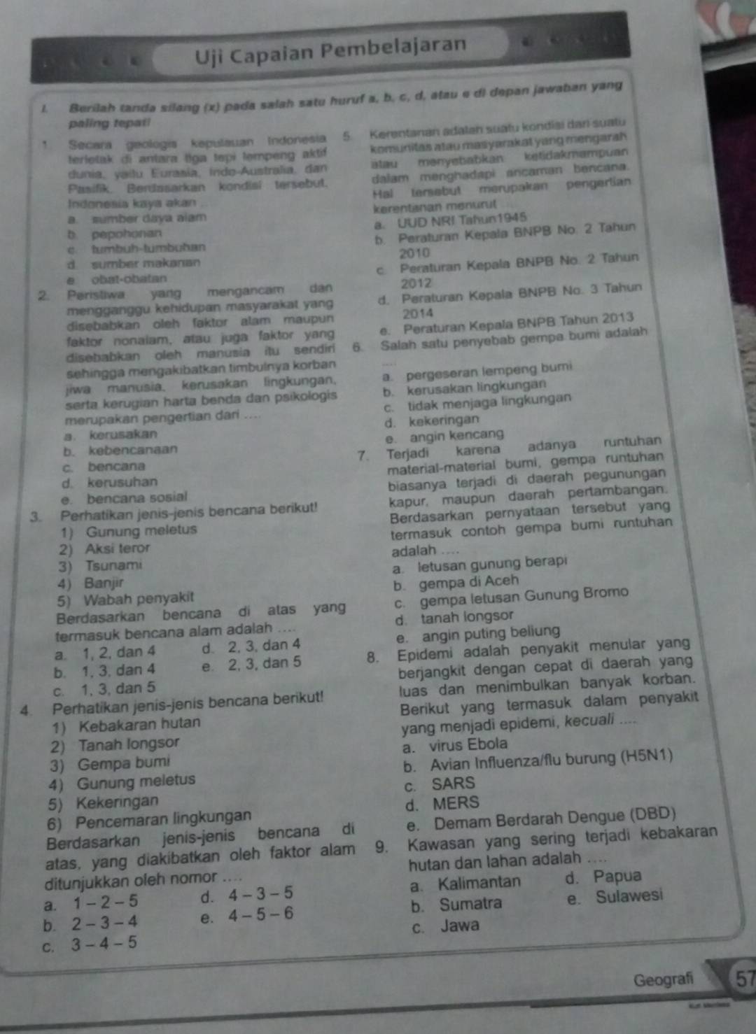 Uji Capaian Pembelajaran
1. Berilah tanda silang (x) pada salah satu huruf a, b, c, d, atau e di depan jawaban yang
paling tepat!
1 Secara geologis kepulauan Indonesia 5. Kerentanan adalan suatu kondiai dar suatu
terletak di antara tiga tepi tempeng aktif komunitas atau masyarakat yang mengarah .
dunia, yaílu Eurasía, inde-Australia, dan atau mənyebabkan ketidakmampuan
Pasifik. Berdasarkan kondisi tersebut. dalam menghadapi ancaman bencana.
Indonesia kaya akan Hal terabut merupakan pengertian
a. sumber daya alam kerentanan menurut
b. pepohonan a. UUD NRI Tahun1945
c. tumbuh-tumbuhan b. Peraturan Kepala BNPB No. 2 Tahun
d sumber makanan 2010
e obat-obatan c. Peraturan Kepala BNPB No. 2 Tahun
2. Peristiwa yang mengancam dan 2012
mengganggu kehidupan masyarakat yang d. Peraturan Kepala BNPB No. 3 Tahun
disebabkan oleh faktor alam maupun 2014
faktor nonaiam, atau juga faktor yang e. Peraturan Kepala BNPB Tahun 2013
disebabkan oleh manusia itu sendiri 6. Salah satu penyebab gempa bumi adalah
sehingga mengakibatkan timbulnya korban
jiwa manusia. kerusakan lingkungan. a. pergeseran lempeng bumi
serta kerugian harta benda dan psikologis b. kerusakan lingkungan
merupakan pengertian dari .... c. tidak menjaga lingkungan
a. kerusakan d. kekeringan
b. kebencanaan e. angin kencang
c. bencana 7. Terjadi karena adanya   runtuhan
material-material bumi, gempa runtuhan
d. kerusuhan
e. bencana sosial biasanya terjadi di daerah pegunungan
3. Perhatikan jenis-jenis bencana berikut! kapur, maupun daerah pertambangan.
1) Gunung meletus Berdasarkan pernyataan tersebut yang
termasuk contoh gempa bumi runtuhan
2) Aksi teror
3) Tsunami adalah ....
a. letusan gunung berapi
4) Banjir
5) Wabah penyakit b. gempa di Aceh
Berdasarkan bencana di alas yang c. gempa letusan Gunung Bromo
termasuk bencana alam adalah .... d. tanah longsor
a. 1, 2, dan 4 d. 2, 3, dan 4 e. angin puting beliung
b. 1, 3, dan 4 e 2, 3, dan 5 8. Epidemi adalah penyakit menular yan
c. 1, 3, dan 5 berjangkit dengan cepat di daerah yang
4. Perhatikan jenis-jenis bencana berikut! luas dan menimbulkan banyak korban.
1) Kebakaran hutan Berikut yang termasuk dalam penyakit
2) Tanah longsor yang menjadi epidemi, kecuali ....
3) Gempa bumi a. virus Ebola
4 Gunung meletus b. Avian Influenza/flu burung (H5N1)
c. SARS
5) Kekeringan
6) Pencemaran lingkungan d. MERS
Berdasarkan jenis-jenis bencana di e. Demam Berdarah Dengue (DBD)
atas, yang diakibatkan oleh faktor alam 9. Kawasan yang sering terjadi kebakaran
ditunjukkan oleh nomor hutan dan lahan adalah ....
a. 1-2-5 d. 4-3-5 a、 Kalimantan d. Papua
b. 2-3-4 e. 4-5-6 b. Sumatra e. Sulawesi
C. 3-4-5 c. Jawa
Geografi 57