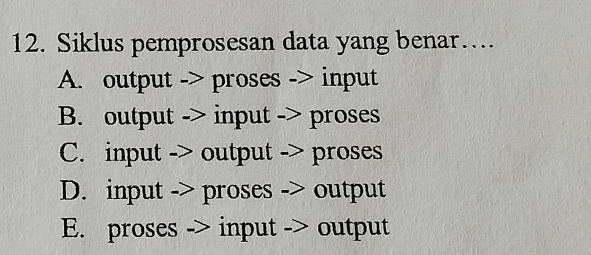 Siklus pemprosesan data yang benar…
A. output -> proses -> input
B. output -> input -> proses
C. input -> output -> proses
D. input -> proses -> output
E. proses -> input -> output