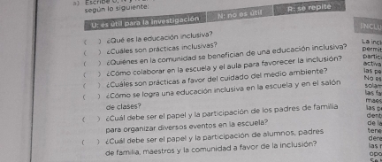 según lo siguiente: 
U: es útil para la investigación N: no es util R: se repite 
JNCLU 
《 Qué es la educación inclusiva? 
 ¿Cuáles son prácticas inclusivas? 
La incl permi 
 ) ¿Quienes en la comunidad se benefician de una educación inclusiva? 
《 ¿Cómo colaborar en la escuela y el aula para favorecer la inclusión? 
partic 
activa 
 ¿Cuáles son prácticas a favor del cuidado del medio ambiente? las pe 
No es solam 
 ) Cómo se logra una educación inclusiva en la escuela y en el salón 
a sfa maes 
de clases? 
 ¿Cuál debe ser el papel y la participación de los padres de familia las p 
dent de l 
para organizar diversos eventos en la escuela? 
 ) ¿Cuál debe ser el papel y la participación de alumnos, padres ten 
dere 
de familia, maestros y la comunidad a favor de la inclusión? las r apc 
5