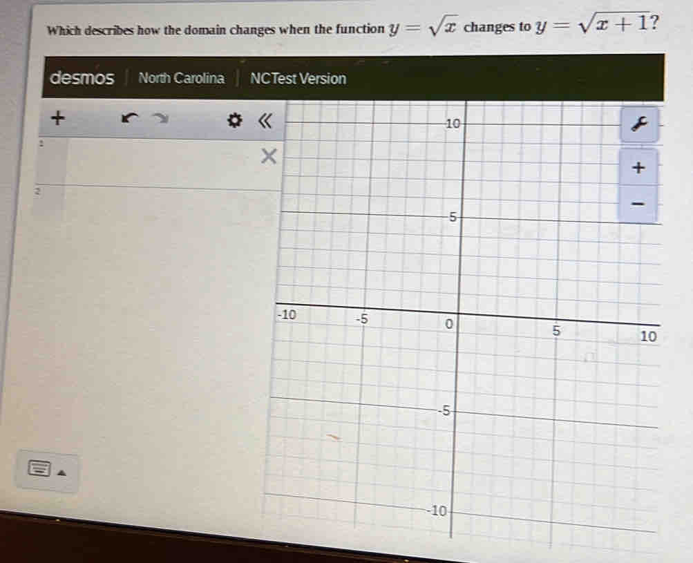 Which describes how the domain changes when the function y=sqrt(x) changes to y=sqrt(x+1)
desmos North Carolina NCTest Version
+
:
2