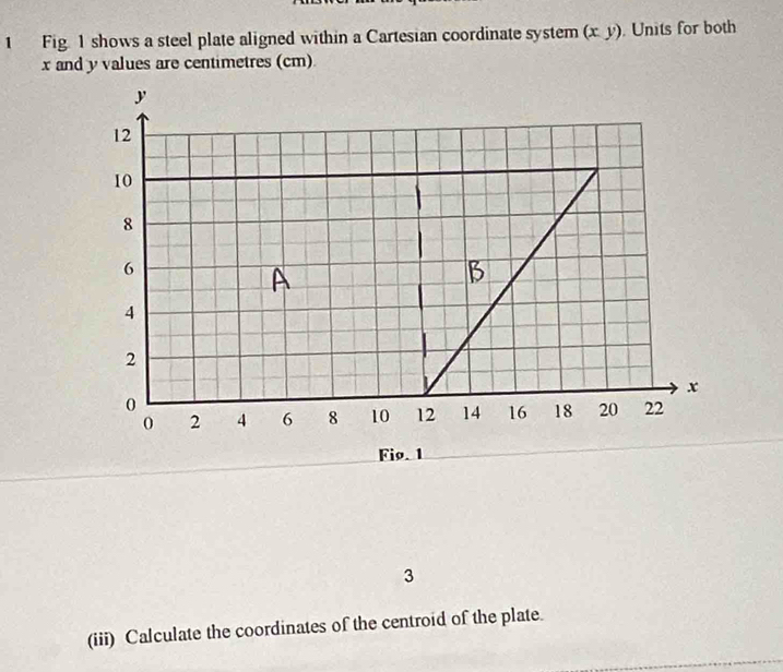 Fig. 1 shows a steel plate aligned within a Cartesian coordinate system (x. y). Units for both
x and y values are centimetres (cm). 
3 
(iii) Calculate the coordinates of the centroid of the plate.