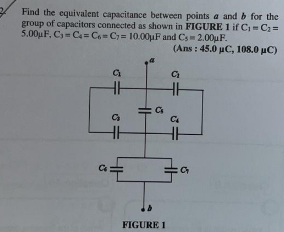 Find the equivalent capacitance between points a and b for the
group of capacitors connected as shown in FIGURE 1 if C_1=C_2=
5.00mu F,C_3=C_4=C_6=C_7=10.00mu F and C_5=2.00mu F.
Ans : 45.0 mu C,108.0mu C)
FIGURE 1