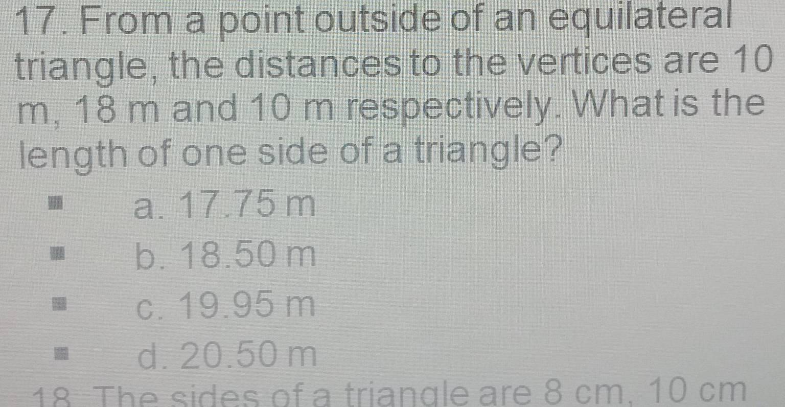 Solved: From a point outside of an equilateral triangle, the distances ...