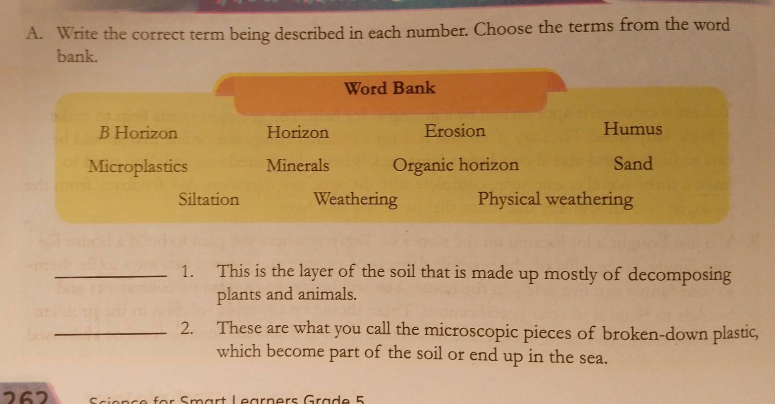 Write the correct term being described in each number. Choose the terms from the word 
bank. 
_1. This is the layer of the soil that is made up mostly of decomposing 
plants and animals. 
_2. These are what you call the microscopic pieces of broken-down plastic, 
which become part of the soil or end up in the sea. 
767