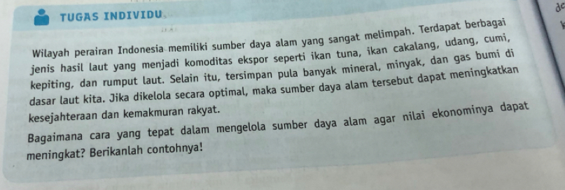 do 
TUGAS INDIVIDU 
Wilayah perairan Indonesia memiliki sumber daya alam yang sangat melimpah. Terdapat berbagai 
jenis hasil laut yang menjadi komoditas ekspor seperti ikan tuna, ikan cakalang, udang, cumi, 
kepiting, dan rumput laut. Selain itu, tersimpan pula banyak mineral, minyak, dan gas bumi di 
dasar laut kita. Jika dikelola secara optimal, maka sumber daya alam tersebut dapat meningkatkan 
kesejahteraan dan kemakmuran rakyat. 
Bagaimana cara yang tepat dalam mengelola sumber daya alam agar nilai ekonominya dapat 
meningkat? Berikanlah contohnya!