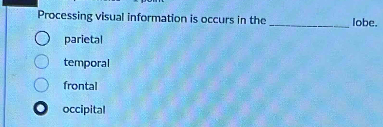 Processing visual information is occurs in the _lobe.
parietal
temporal
frontal
occipital