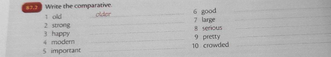 Write the comparative. 
1 old _6 good_ 
_ 
_7 large 
2 strong 
8 serious 
_ 
3 happy 
_ 
_9 pretty 
_ 
4 modern 
5 important _10 crowded 
_