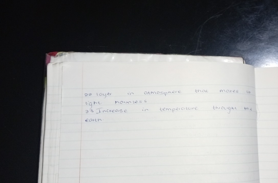 oo layer in atmosphere that mares ( 
light nomless
33 Increase in temperature throught tne 
earth.