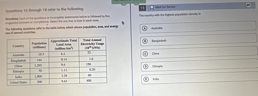 Queations 16 through 18 refer to the following. Mark for Review a
Directions; Each of the guestions or incomplete statements below is followed by five The country with the highest population density is
suggaated answers or complations. Select the one that is best in each case
The follossing questions refer to the table below, which shows population, area, and energy
usa of several countries. Australia
Bangladesh
B
China
Ethiopia
D
E India