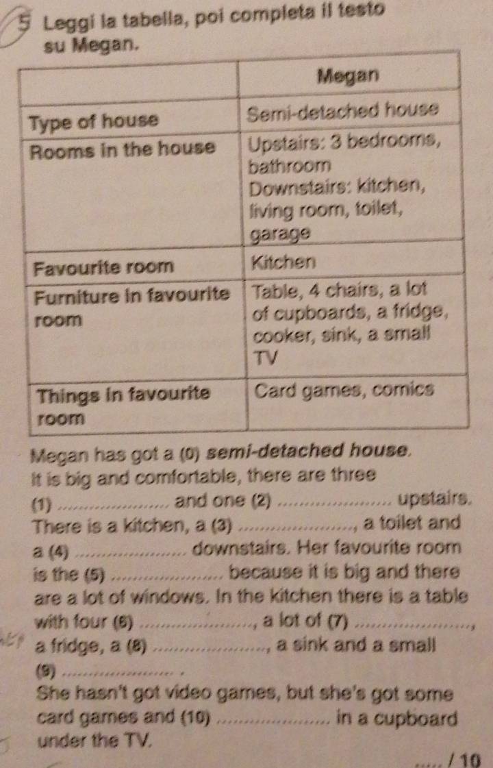 Leggi la tabella, poi completa il testo 
Megan has got a (0) semi-detached house. 
It is big and comfortable, there are three 
(1) _and one (2) _upstairs. 
There is a kitchen, a (3) _a toilet and 
a (4) _downstairs. Her favourite room 
is the (5) _because it is big and there 
are a lot of windows. In the kitchen there is a table 
with four (6) _a lot of (7)_ 
a fridge, a (8) _a sink and a small 
(9)_ 
She hasn't got video games, but she's got some 
card games and (10) _in a cupboard 
under the TV. 
/ 10