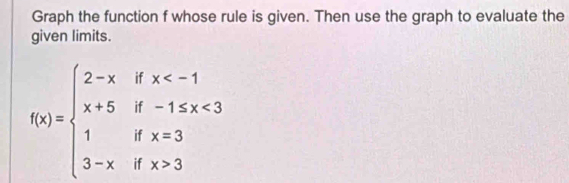 Graph the function f whose rule is given. Then use the graph to evaluate the 
given limits.
f(x)=beginarrayl 2-xifx <3 1ifx=3 3-xifx>3endarray.