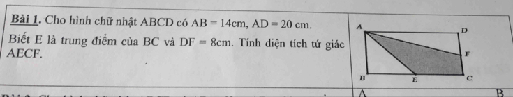 Cho hình chữ nhật ABCD có AB=14cm, AD=20cm. 
Biết E là trung điểm của BC và DF=8cm. Tính diện tích tứ giác
AECF.
B